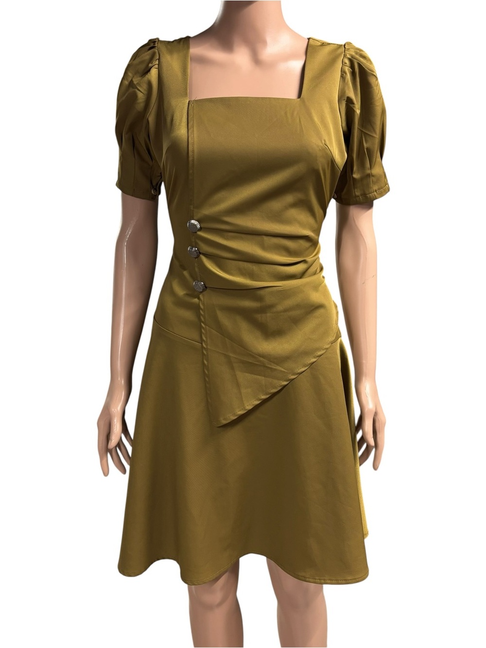 Mau | Retro Pea Green Ruched Button Accent Puff Sleeve Dress